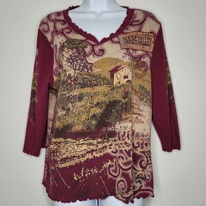 Napa Valley wine country maroon Burgundy art to wear quirky 3/4 sleeve top